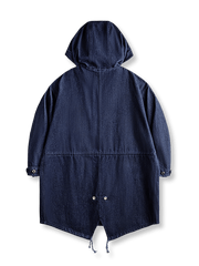 製品画像: M51デニムフィッシュテール パーカ(フード付き)の全体像を正面から撮影した画像
詳細画像: 青銅色のジッパーとフィッシュテールデザインを強調したディテール画像