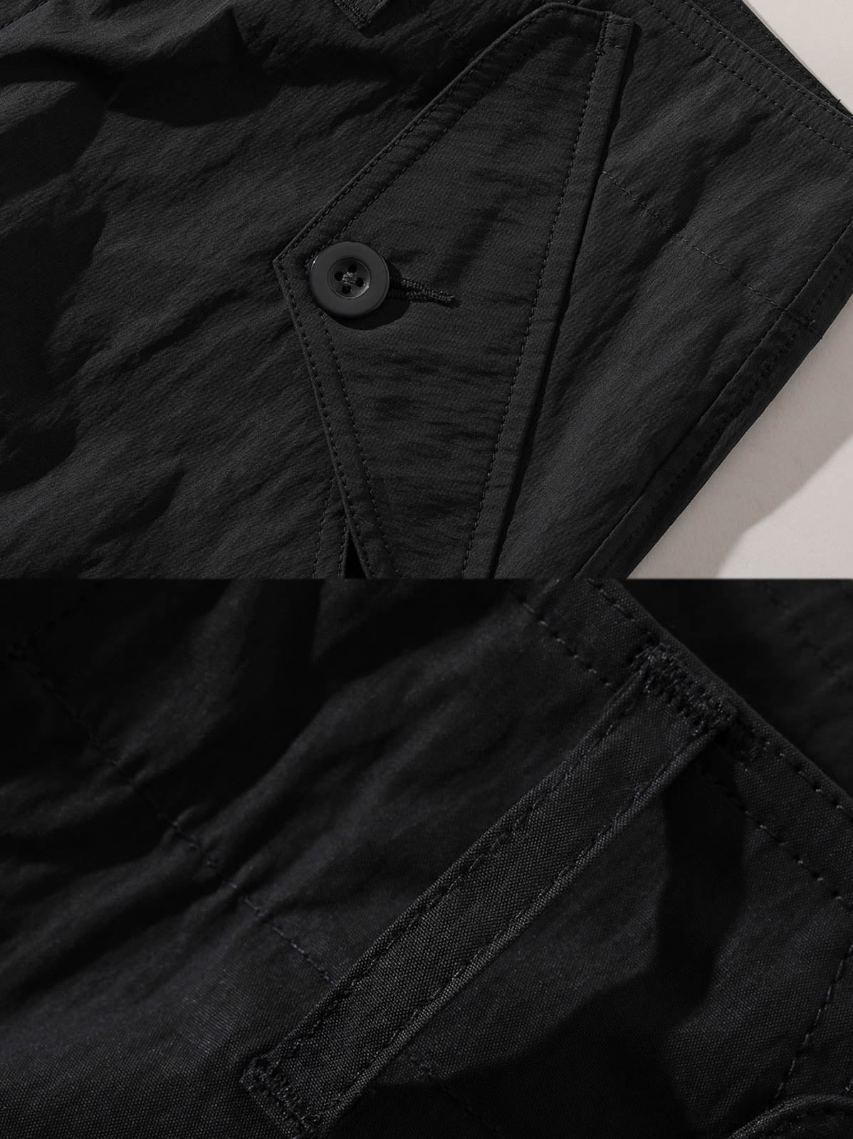 ワークパンツのシワ感素材と膝のダーツデザイン