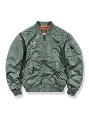 カートゥーンキャラクターと「BOMB SQUADRON」刺繍入りMA-1中綿ジャケット