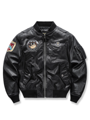 動物バッジとカラフルバッジが特徴のビスコース製日本人体型対応MA-1中綿レザージャケット