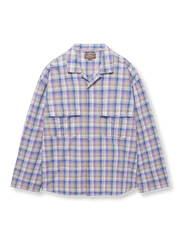 製品画像: MADRAS (マドラス) チェック柄シャツの正面全体画像。シャツの全体的なシルエットとデザインが一目でわかる。
詳細画像: キューバンカラーと胸前のフラップポケットのディテール。チェック柄の鮮明さとシャツの質感を強調。