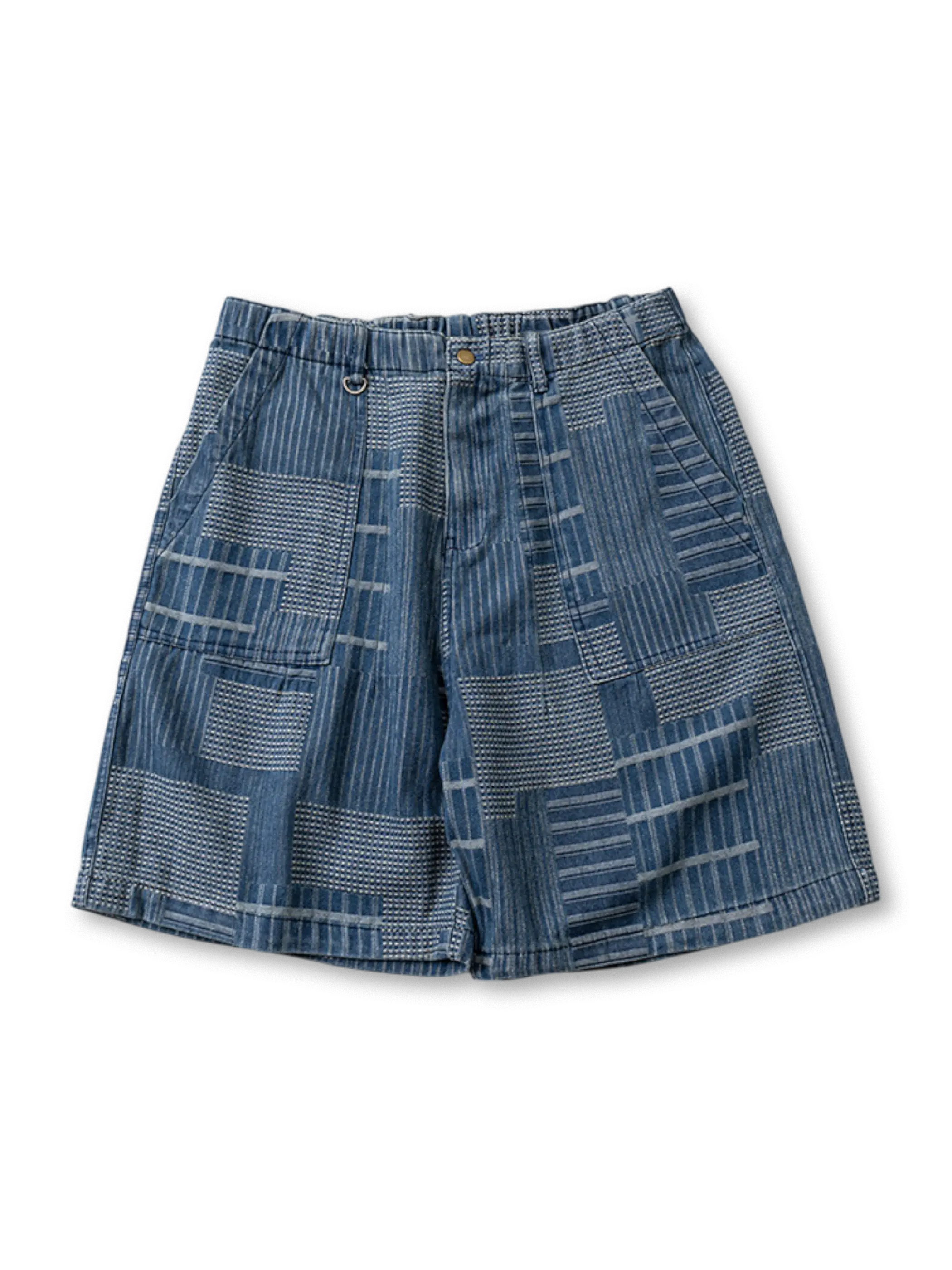 マドラスチェックのパッチワークとウォッシュ加工が特徴のヴィンテージ風デニムショーツ