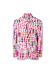 マドラスチェックのパッチワークと無構造シルエットが特徴の軽量コットンブレザー