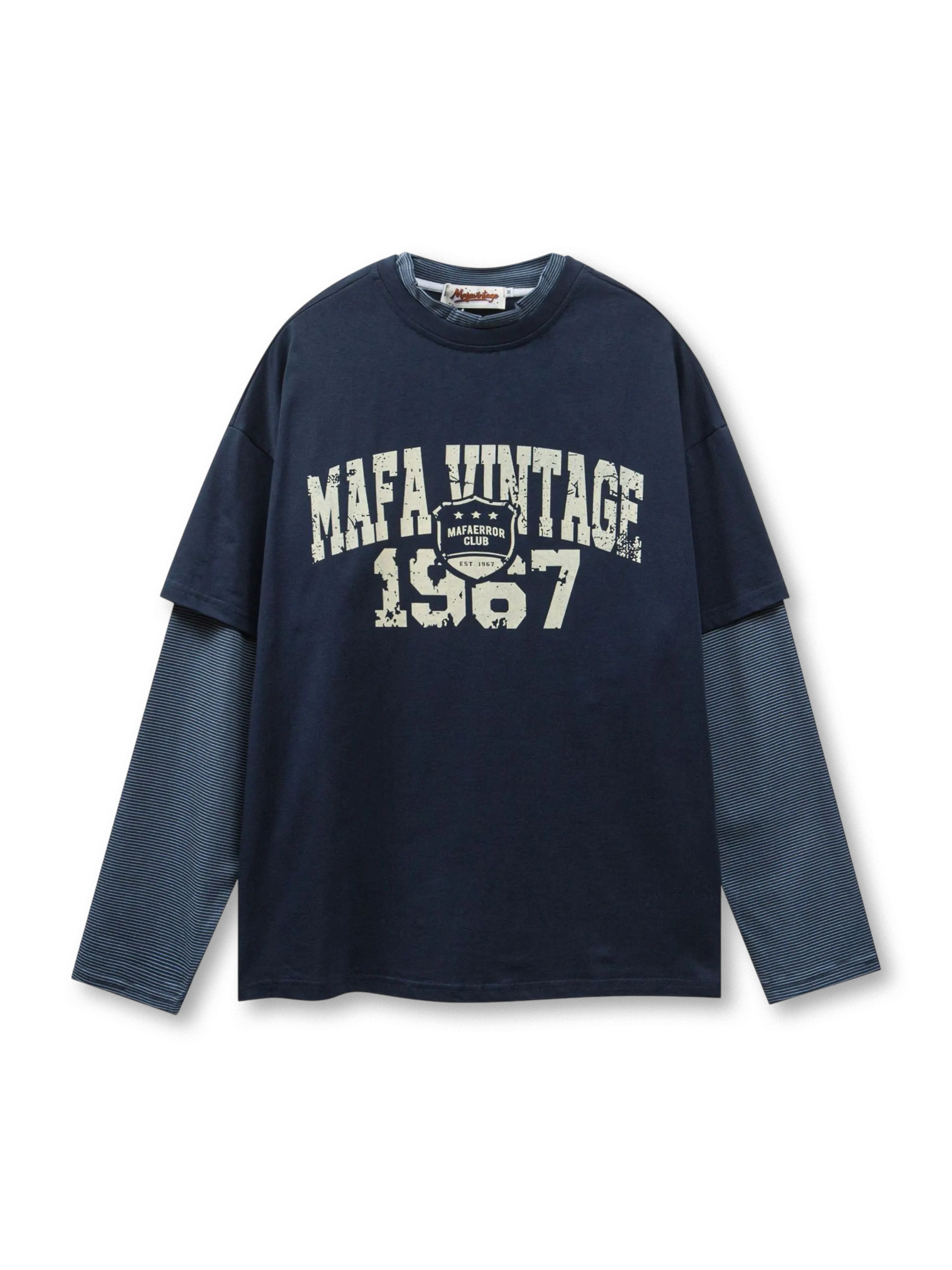 「MAFA VINTAGE 1967」ロゴと細ボーダー長袖を重ね着風にしたヴィンテージ感あふれるレイヤードTシャツ