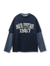 「MAFA VINTAGE 1967」ロゴと細ボーダー長袖を重ね着風にしたヴィンテージ感あふれるレイヤードTシャツ