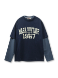 「MAFA VINTAGE 1967」ロゴと細ボーダー長袖を重ね着風にしたヴィンテージ感あふれるレイヤードTシャツ