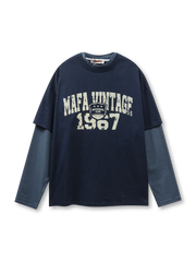 「MAFA VINTAGE 1967」ロゴと細ボーダー長袖を重ね着風にしたヴィンテージ感あふれるレイヤードTシャツ