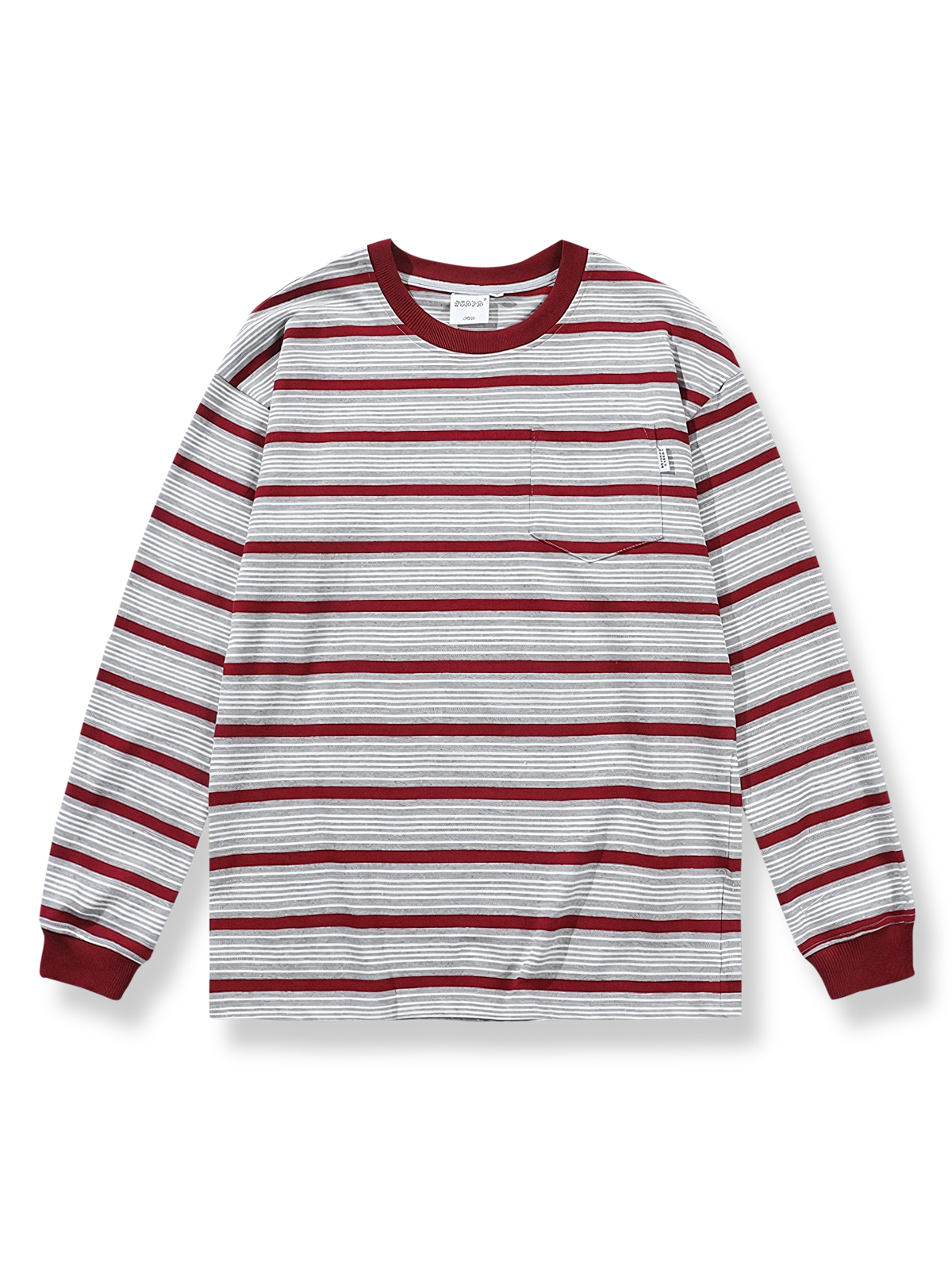 ボルドーとホワイトのマリンストライプ長袖ラウンドネックコットンTシャツ