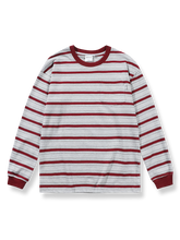 ボルドーとホワイトのマリンストライプ長袖ラウンドネックコットンTシャツ
