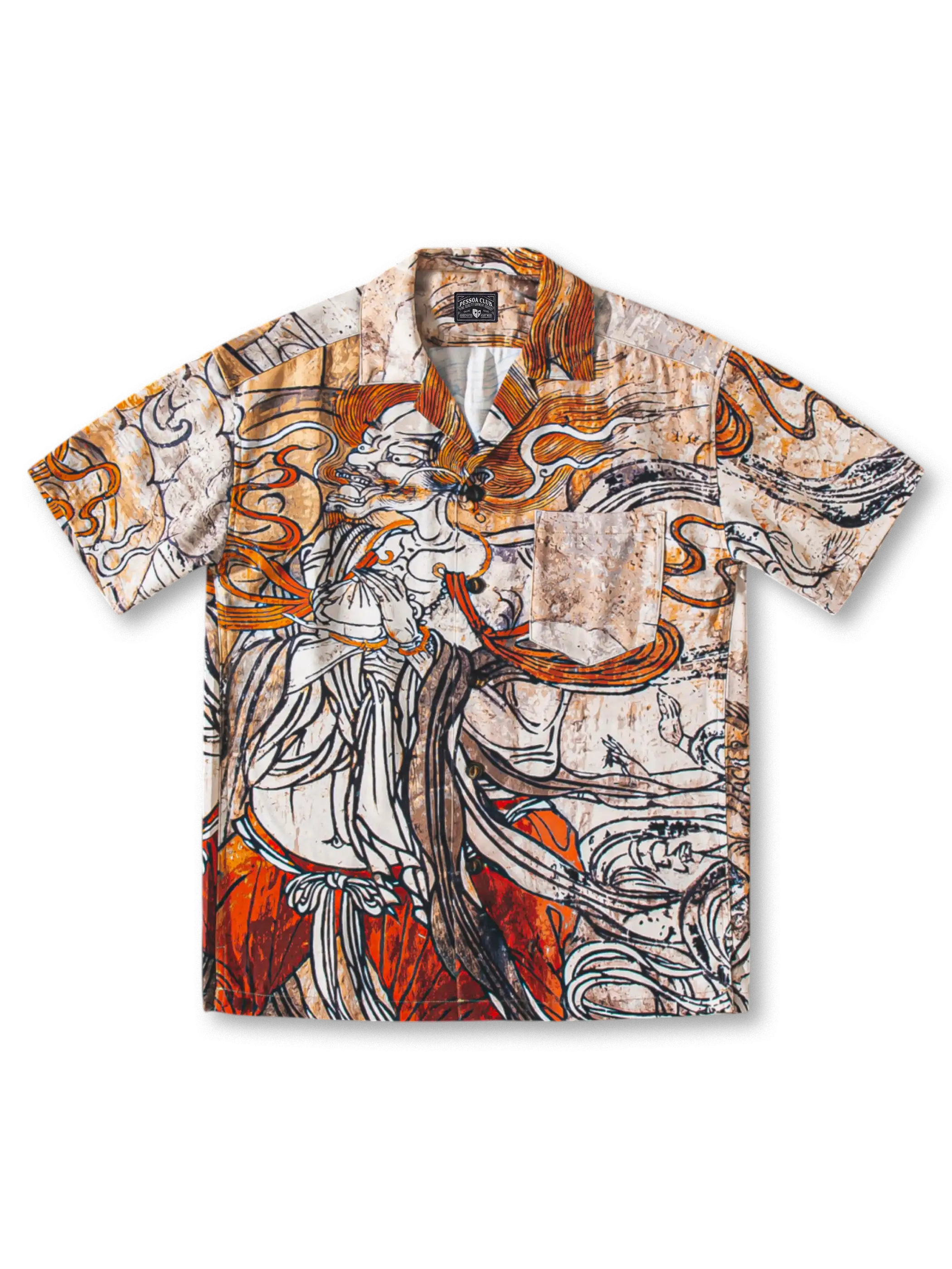 面燃大士の炎紋様プリントと天然牛角ボタンが特徴のアロハシャツ