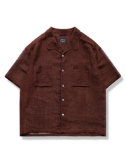 メッシュ模様リネンコットン半袖シャツ、1960年代イタリア風キューバカラー、通気性良好、ルーズフィット