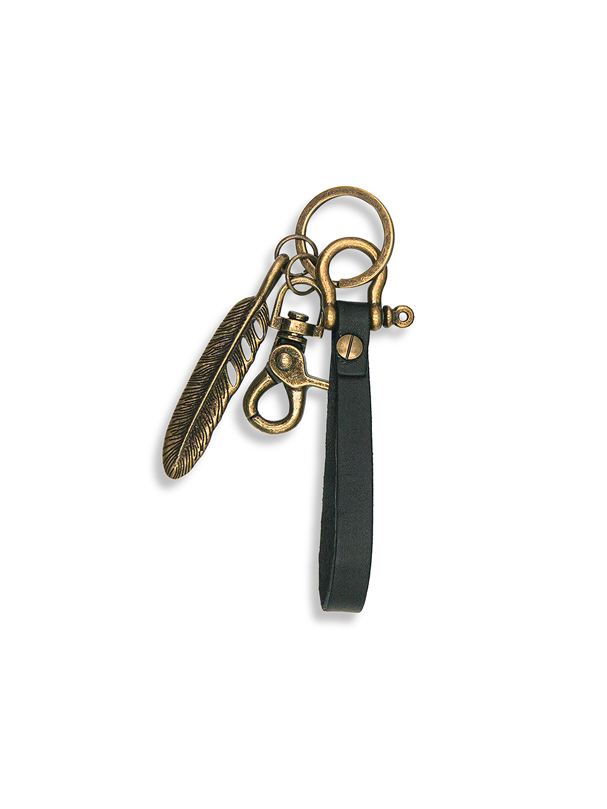 タンニンなめし革とヴィンテージ真鍮製、丁寧にカービングされたフェザーデザインのキーホルダー