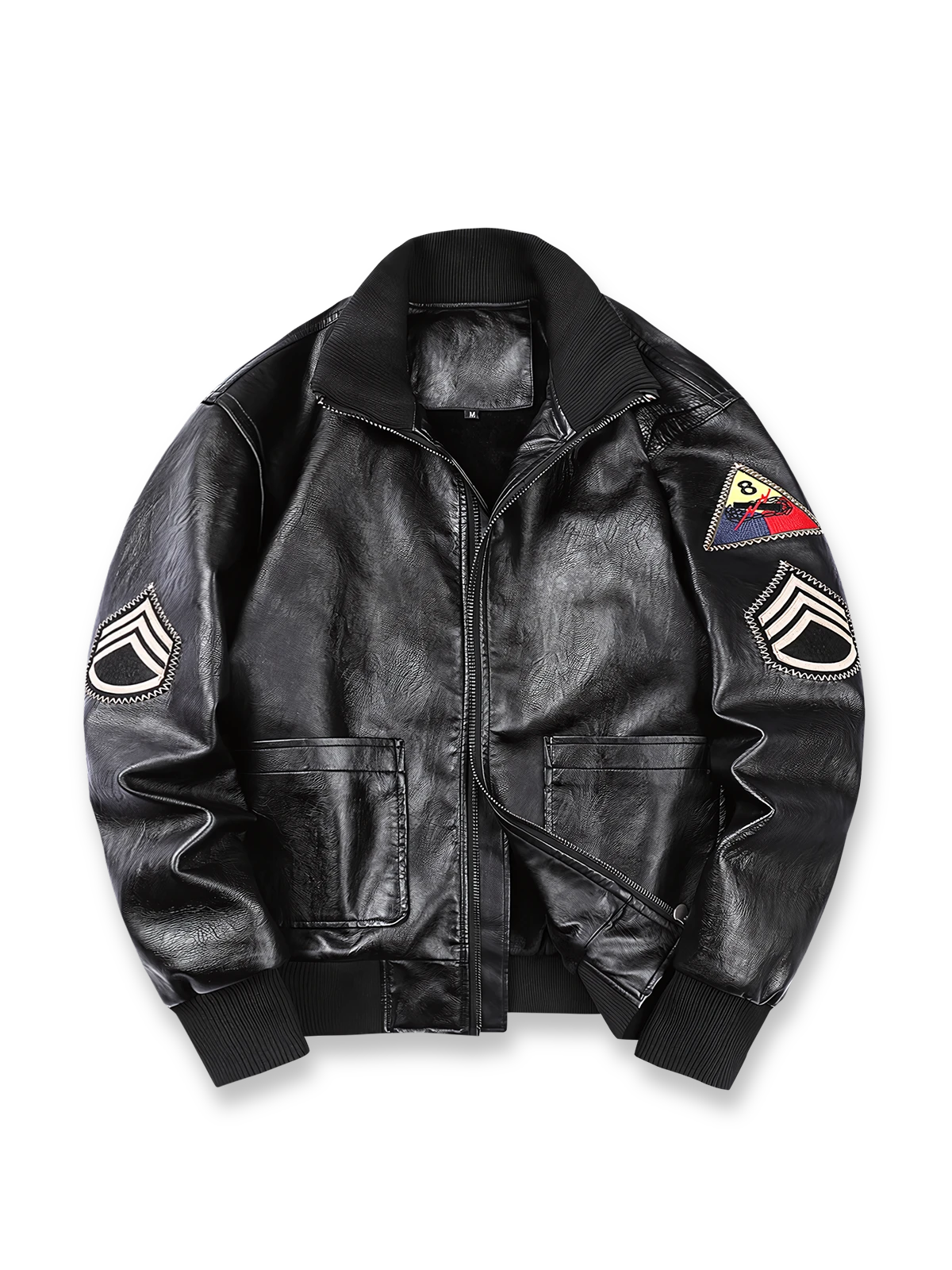 WWII米軍タンクジャケットを再現したPUレザーミリタリージャケット。リブ仕様と軍章刺繍付き。