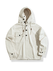 ミリタリーサルベージフード付きスウェットのフードとヘンリーネック風ボタンディテールを写した写真