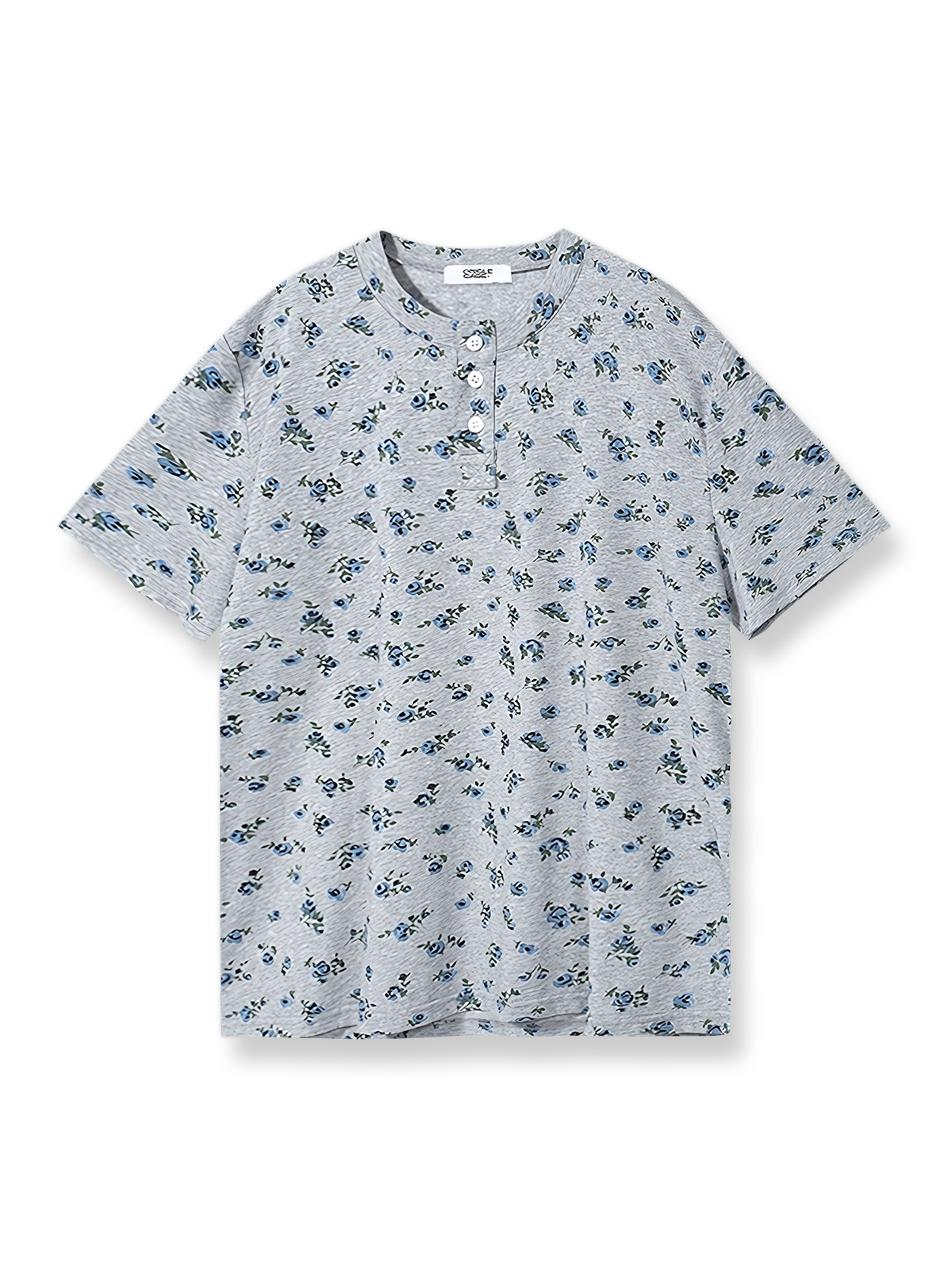 小花柄プリントとヘンリーネックが特徴の半袖Tシャツ