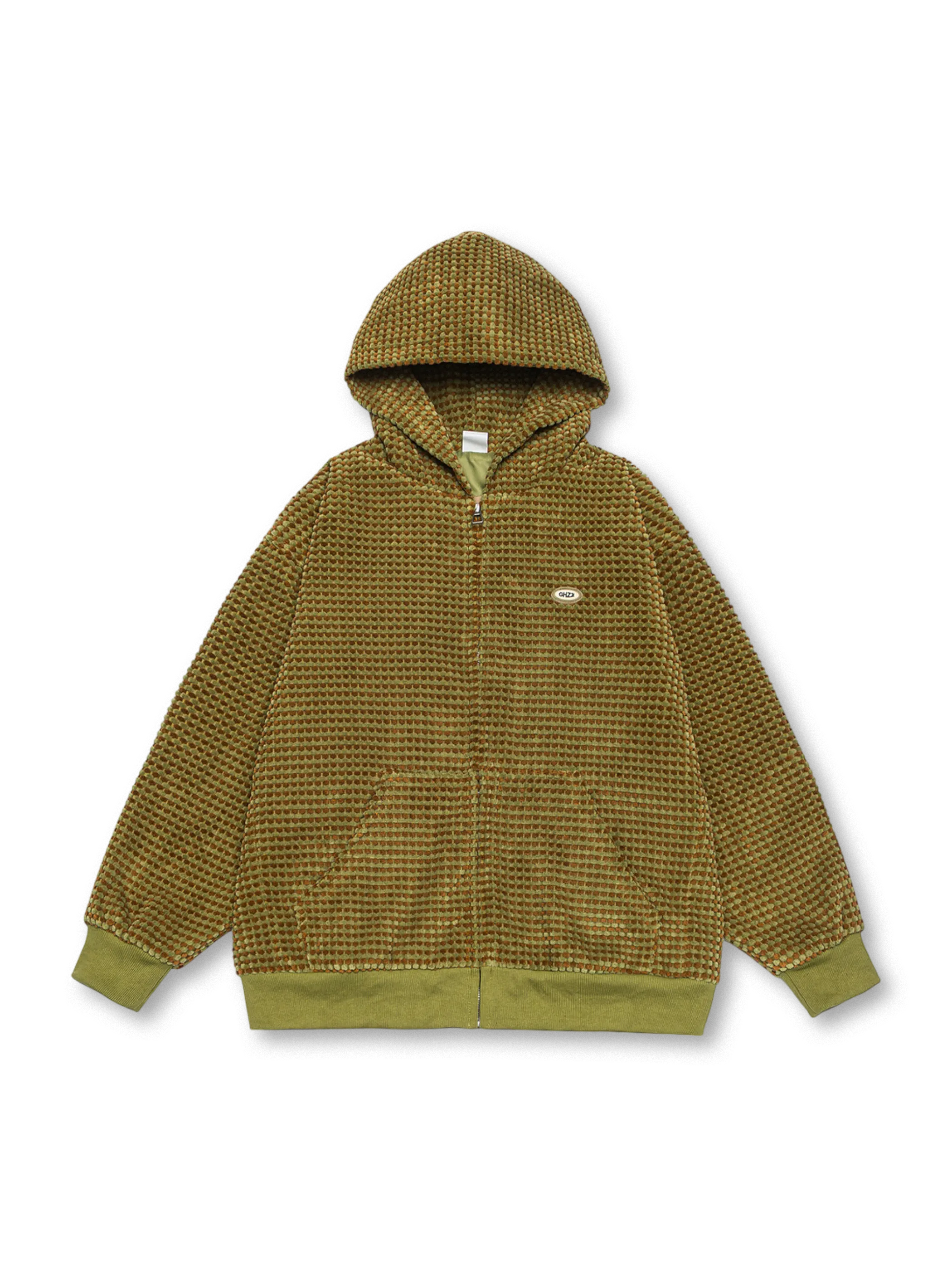 スウェード素材とフード付きジッパーを採用し、保温性と快適さを実現したアメリカンストリート風ミニグリッドフーディジャケット。若々しい刺繍とリブ仕様が特徴。