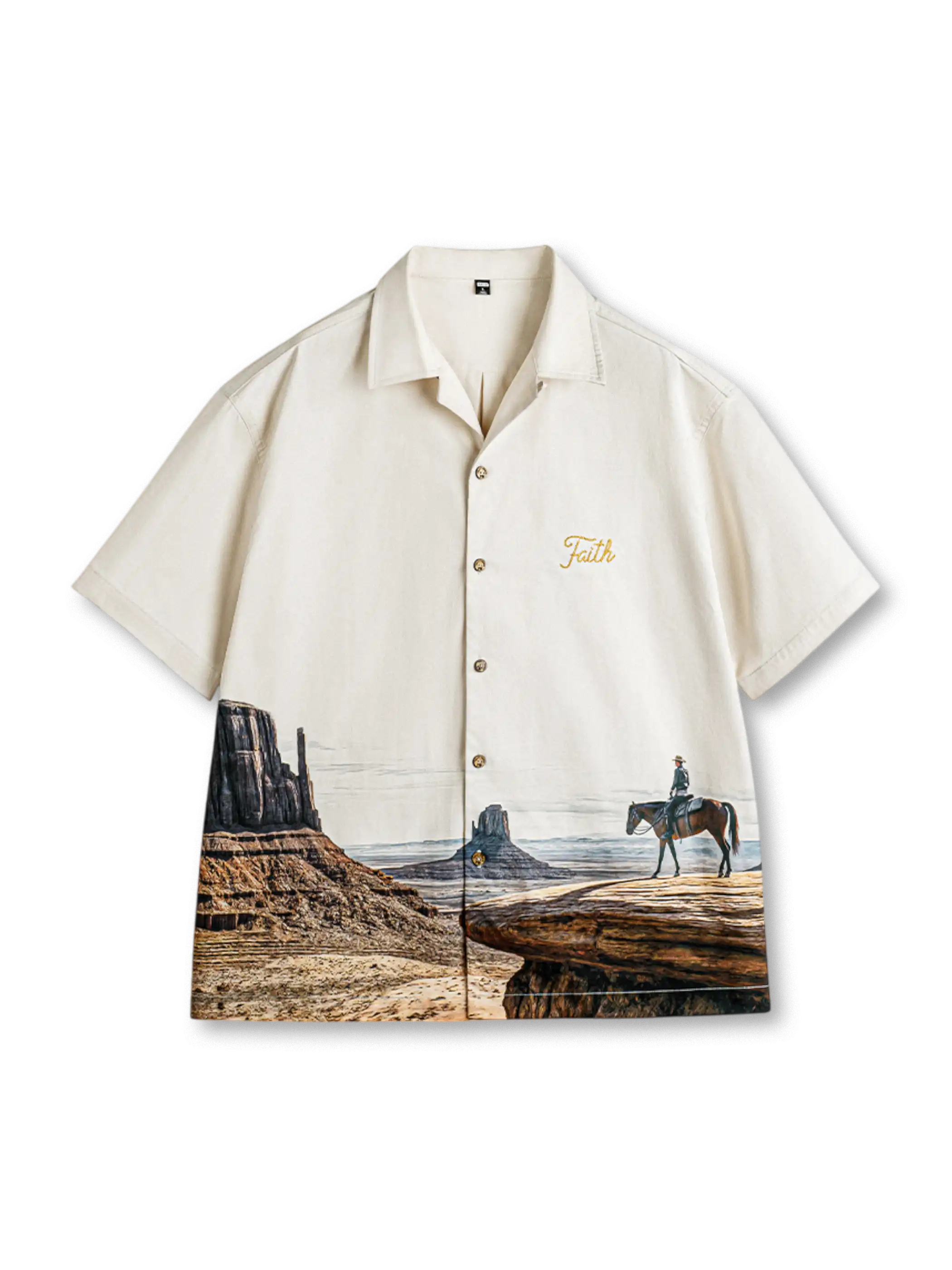 モニュメントバレー大判プリントとFaith刺繍が特徴の軽量ポリエステルキューバシャツ。椰子ボタン付きでヴィンテージ感。
