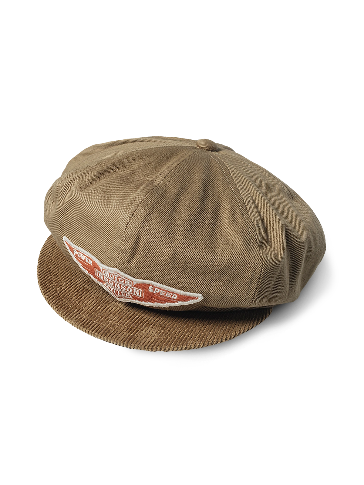 カーキツイルとコーデュロイブリム、オレンジバッジ付きのモーターサイクルクラブキャップ