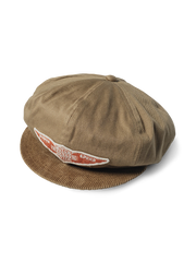 カーキツイルとコーデュロイブリム、オレンジバッジ付きのモーターサイクルクラブキャップ