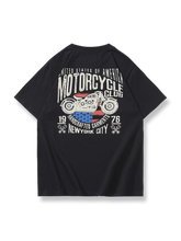 モーターサイクルロゴプリントのダブルヤーンコットンTシャツ。