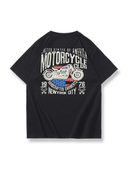 モーターサイクルロゴプリントのダブルヤーンコットンTシャツ。