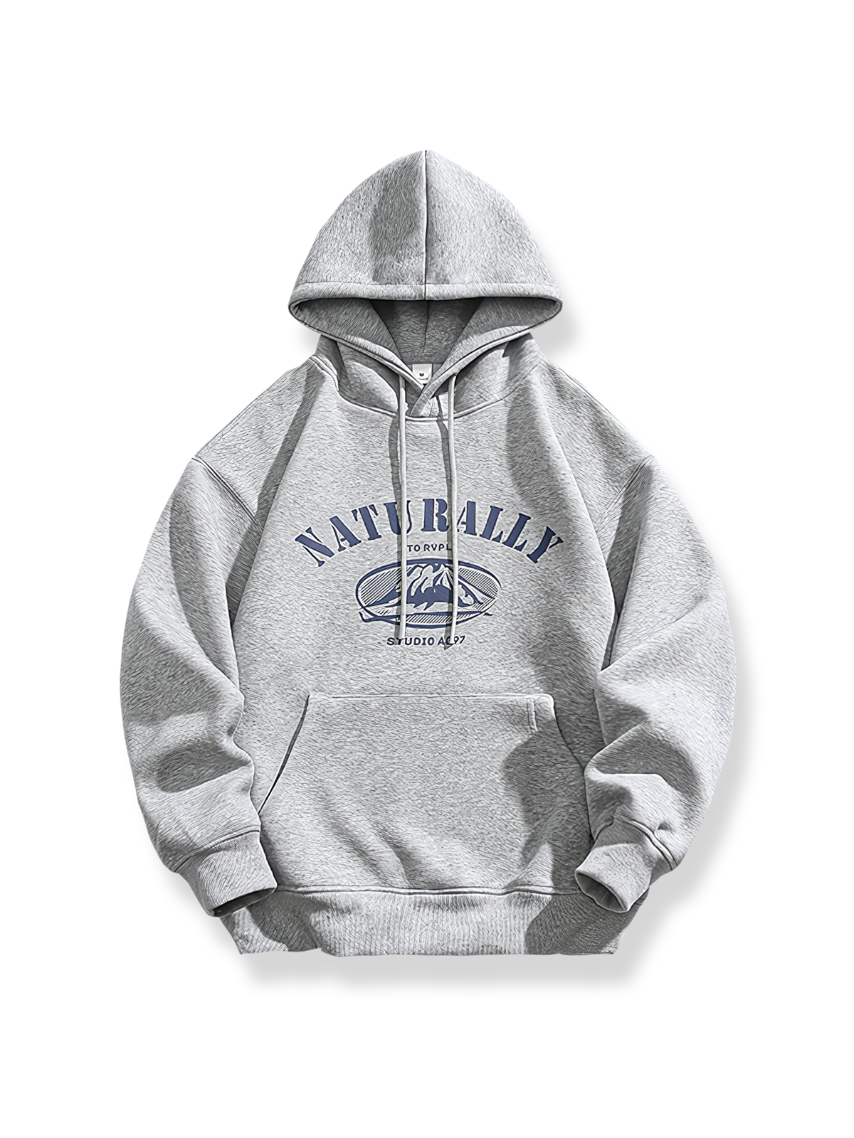 山岳プリントが施されたネイビーカラーのフード付きスウェット