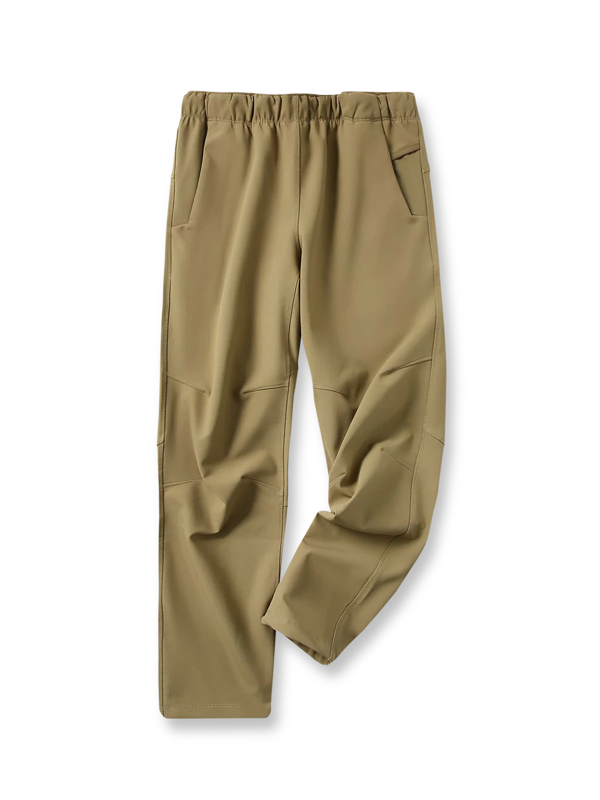 三防生地使用の多機能ハイキングパンツの全体正面画像、保温フリースと調整可能なウエストベルトのディテール。