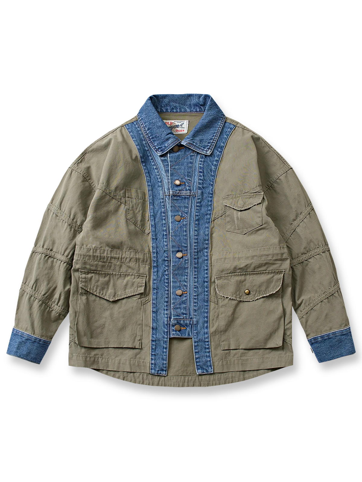 ミリタリーグリーンとデニムを組み合わせたパッチワークデニムジャケット。