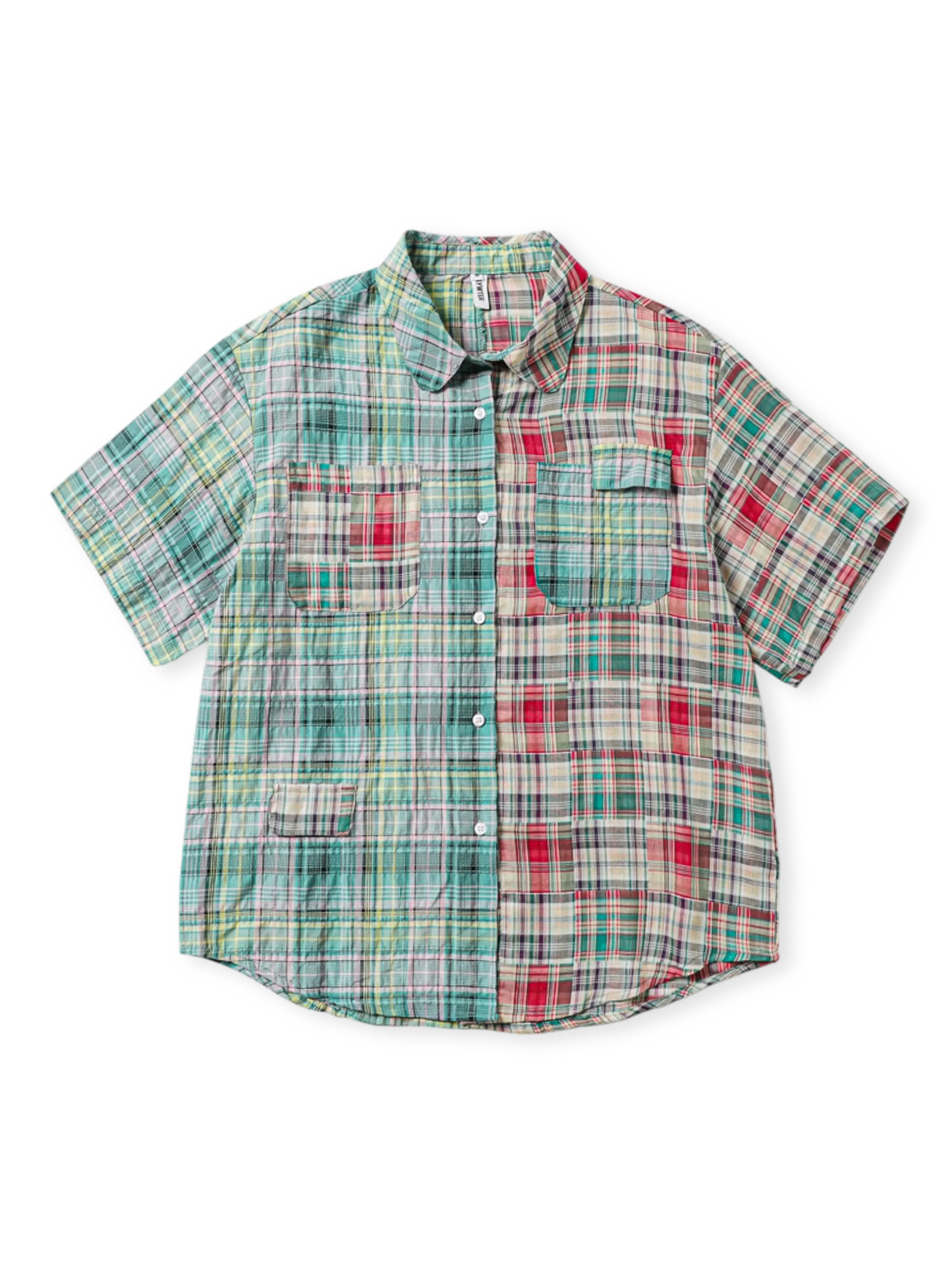 カラフルな格子柄パッチワークの通気性良い100%コットン半袖シャツ。ダブルポケット付き。