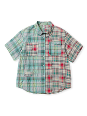 カラフルな格子柄パッチワークの通気性良い100%コットン半袖シャツ。ダブルポケット付き。