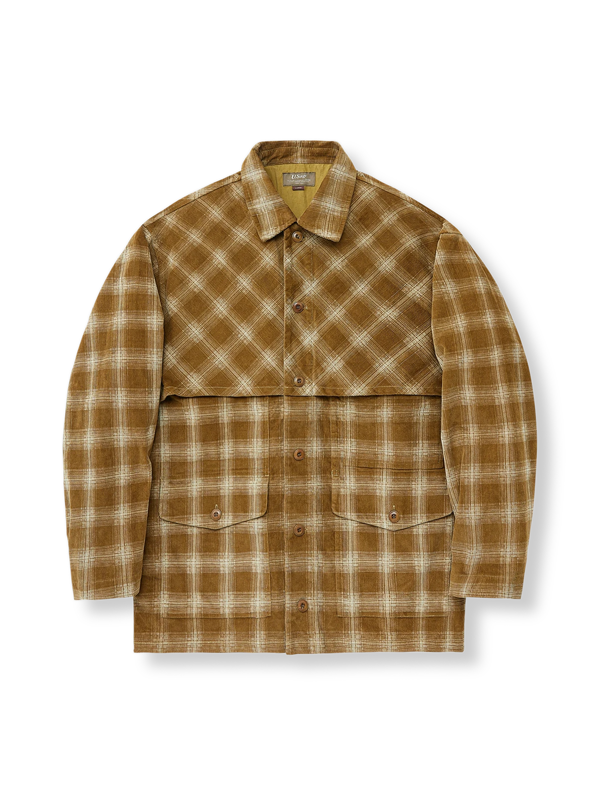 カーキとブラックグレーのチェック柄と複数のポケットが特徴のジャケット。