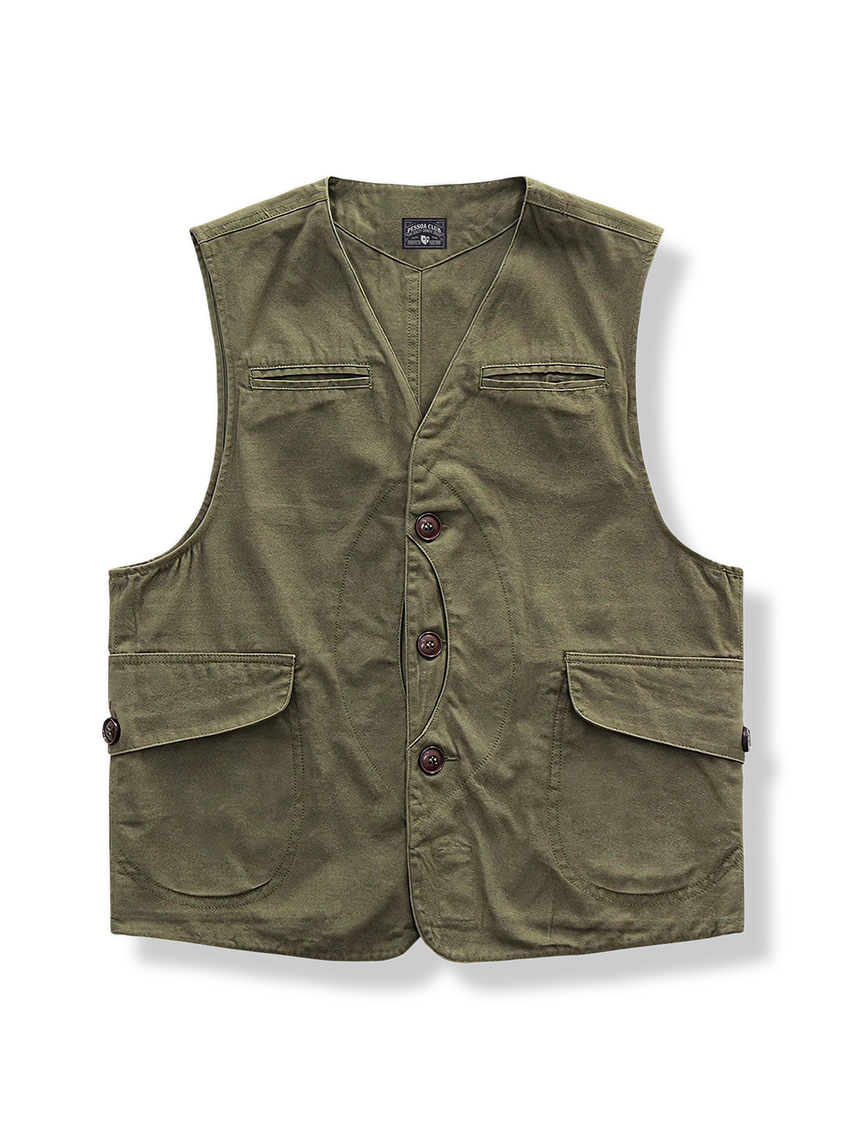 マルチポケットと月形カットを施したユニセックスベスト。