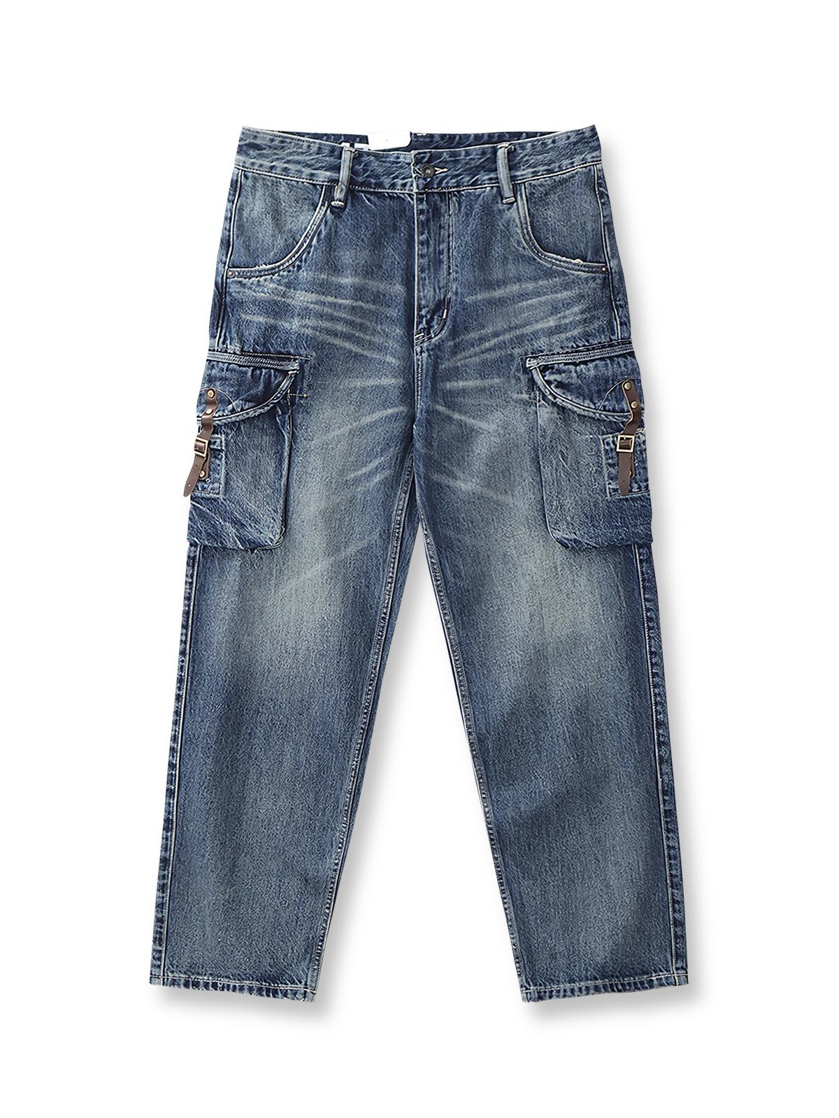 ヴィンテージウォッシュとレザーバックルが特徴のヘビーウェイトデニムワークパンツ。