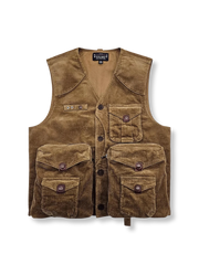 厚手コットンの多ポケットハンティングベスト。アンティーク調ボタンと機能的デザインが特徴。