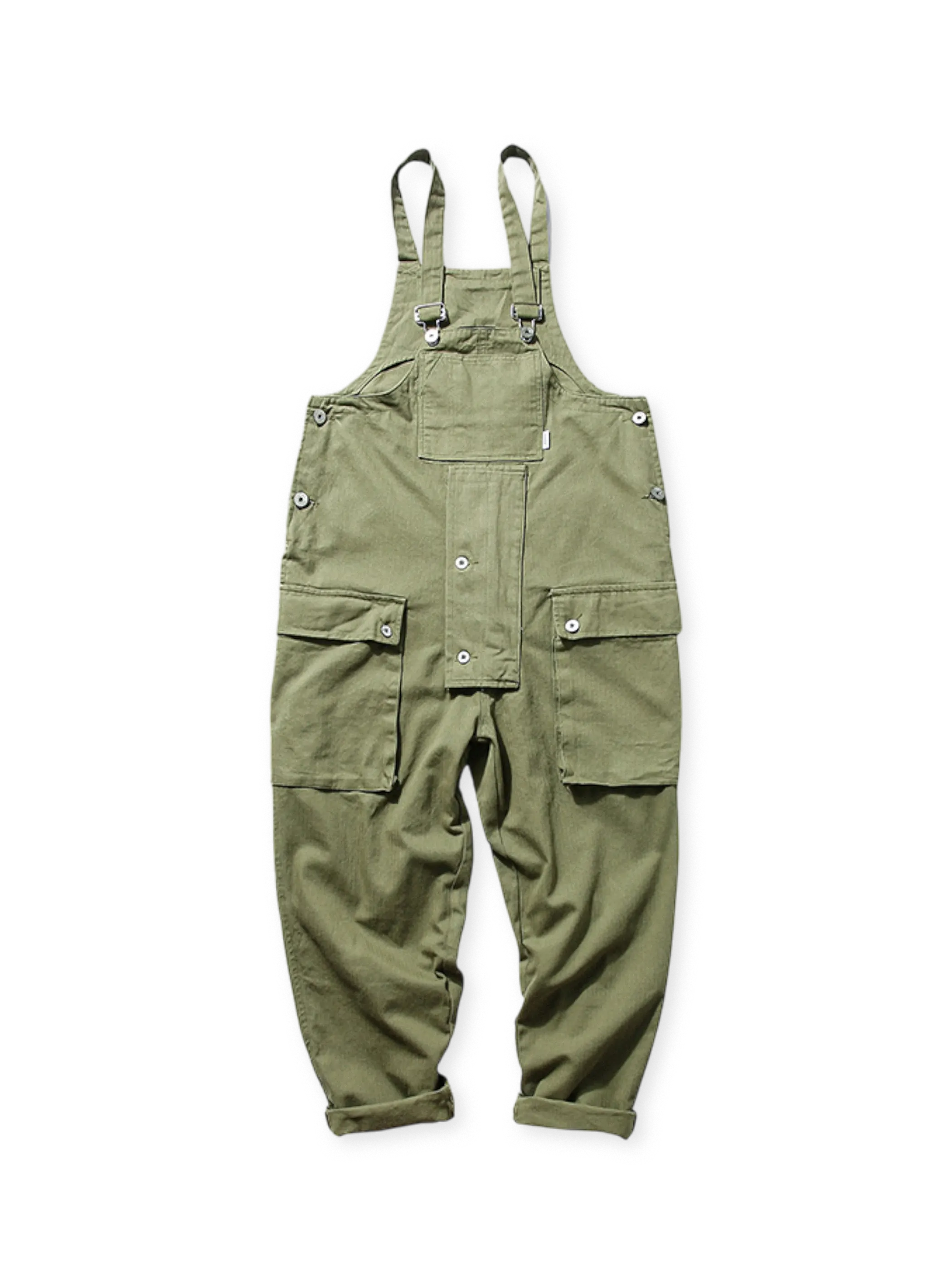 多機能ポケットと調節可能な肩ストラップを備えたワイドシルエットのサロペットワークパンツ。