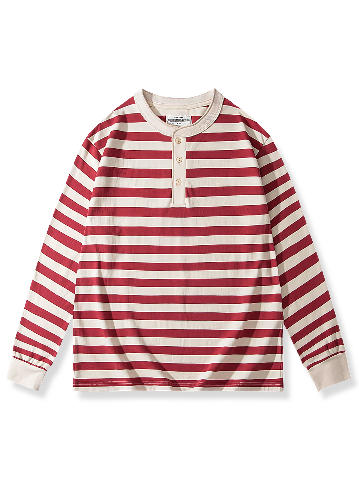 マルチボーダー柄とヘンリーネック、快適なコットン素材の長袖Tシャツ