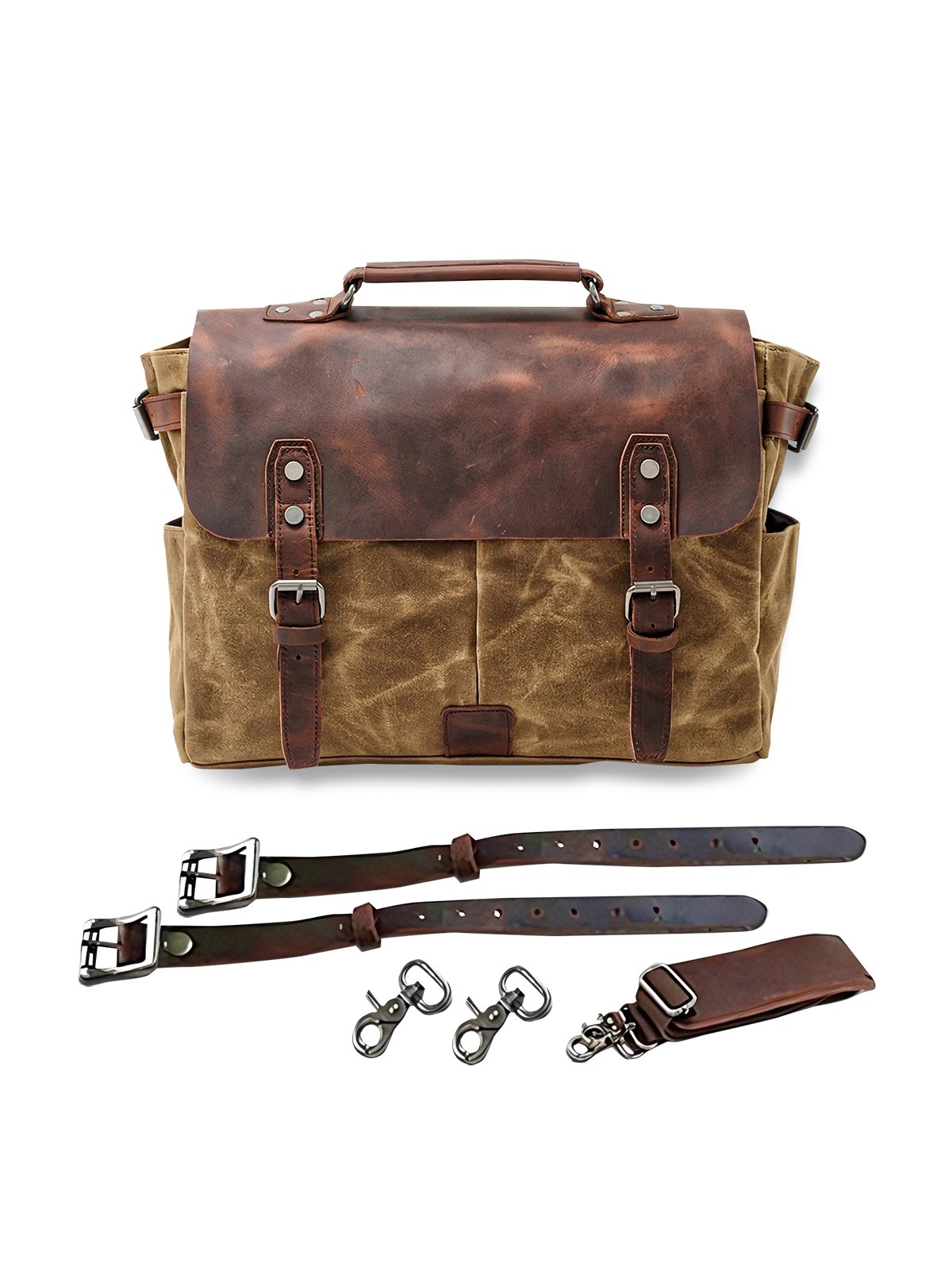 多機能キャンバスオートバイバッグサイドポーチ、収納豊富、牛革アクセント、高耐久キャンバス