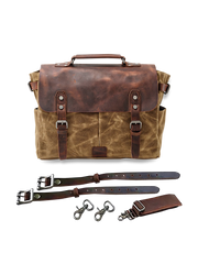 多機能キャンバスオートバイバッグサイドポーチ、収納豊富、牛革アクセント、高耐久キャンバス