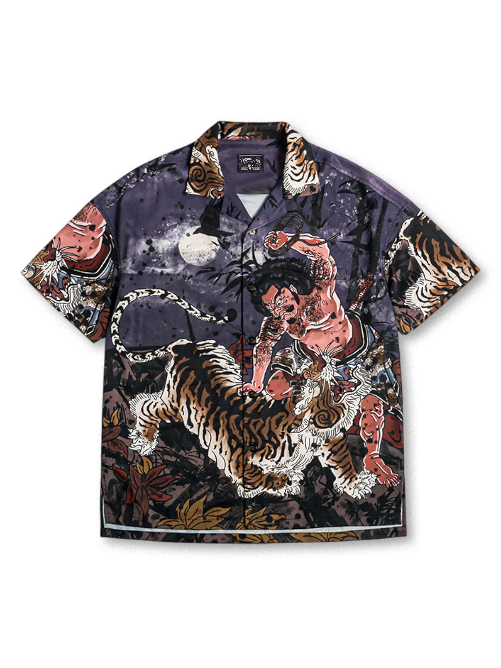 宋代の武松が虎を討つシーンを対花印刷で再現した、涼感ナイロン素材のキューバカラーシャツ