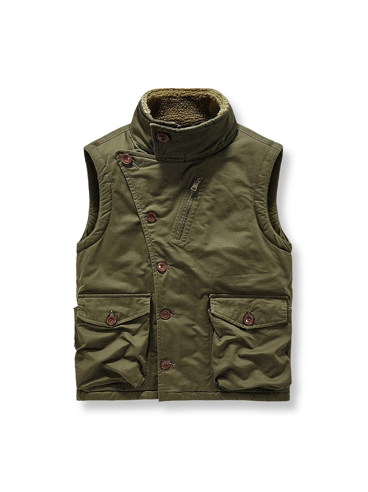 シープスキン風裏地付きのN1デッキベスト。耐久性あるコットン素材と多ポケット仕様が特徴。