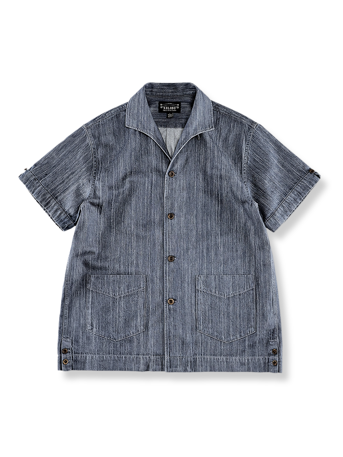 ナポリウィンザーカラーのレトロデニム半袖シャツ前面が見える商品画像