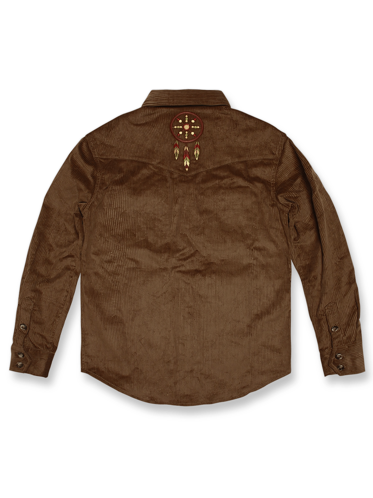 Navajoスタイル刺繍が映えるコーデュロイワークシャツ、正面と背面の全体図