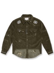 Navajo風刺繍とヴィンテージ加工パッチをあしらった高密度コーデュロイワークシャツ。ネルシャツのような厚手で立体的な質感が特徴。