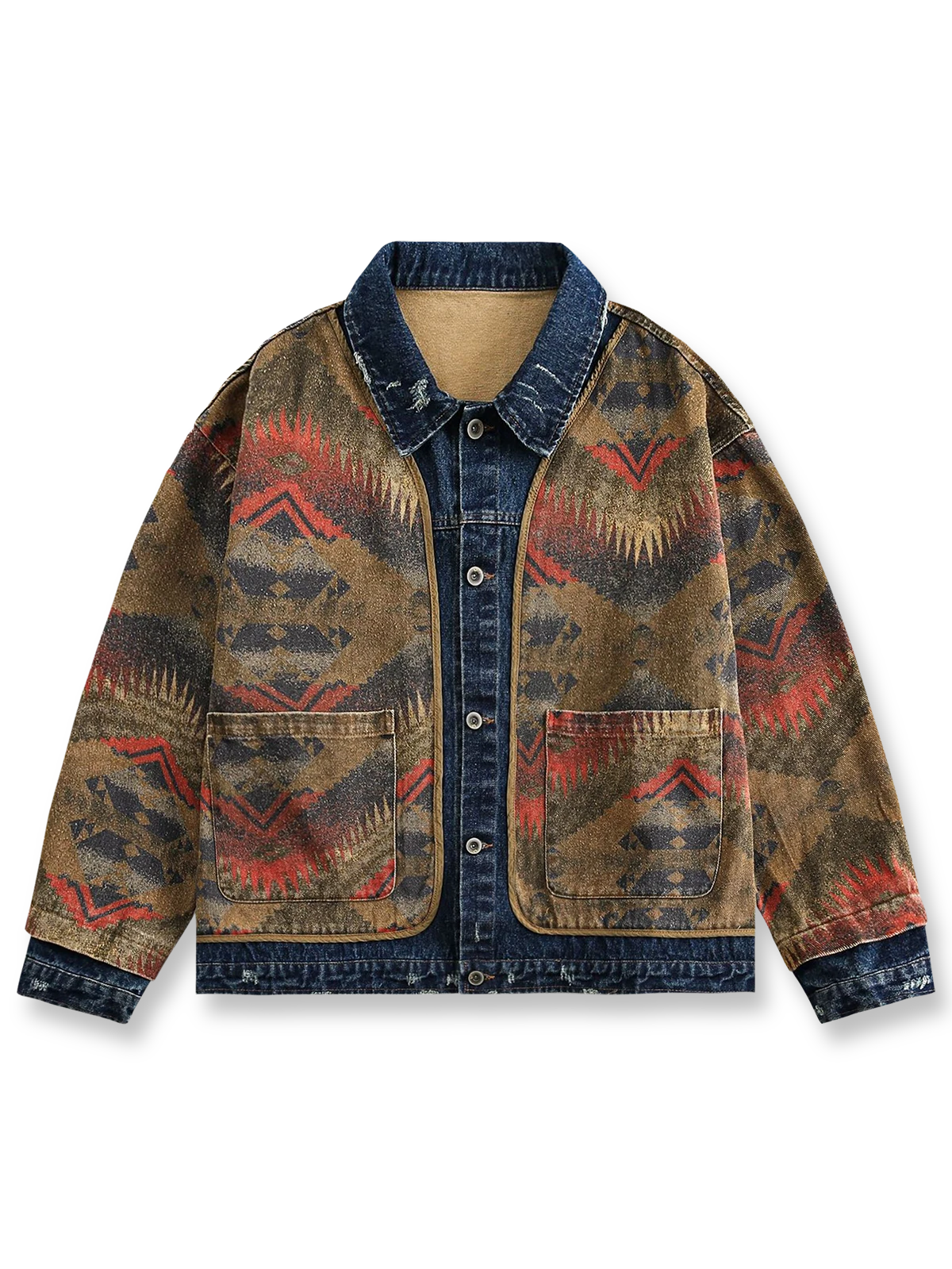 Navajoジャカードデニムジャケットの全体正面画像、ジャカードパターンとブロンズメタルボタンのディテール。