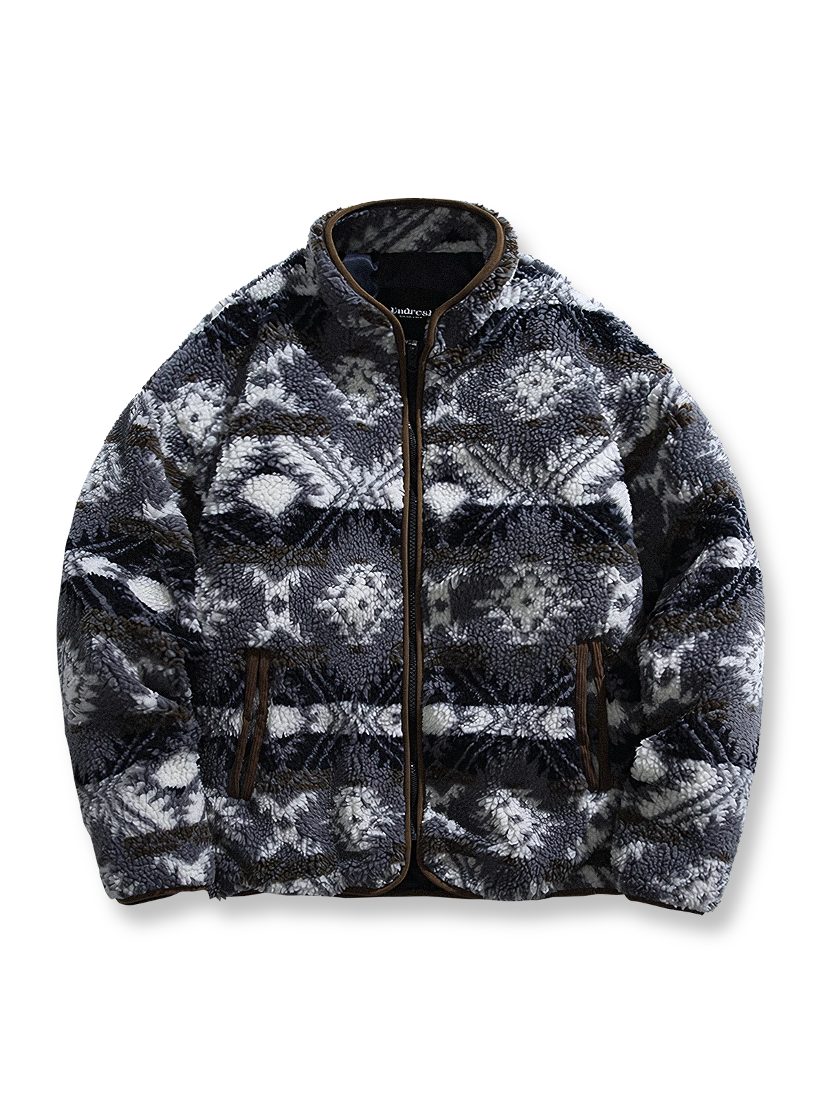 ナバホ柄のラムファースタンドカラー中綿ジャケット。暖かさと実用性を兼ね備えた冬のアウトドア向けアイテム。