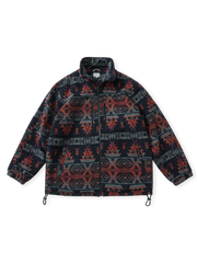 ナバホ柄の厚手フリースジャケット。ジッパーポケット、ワッフルフリース内装、高密度ゴム袖口付き。