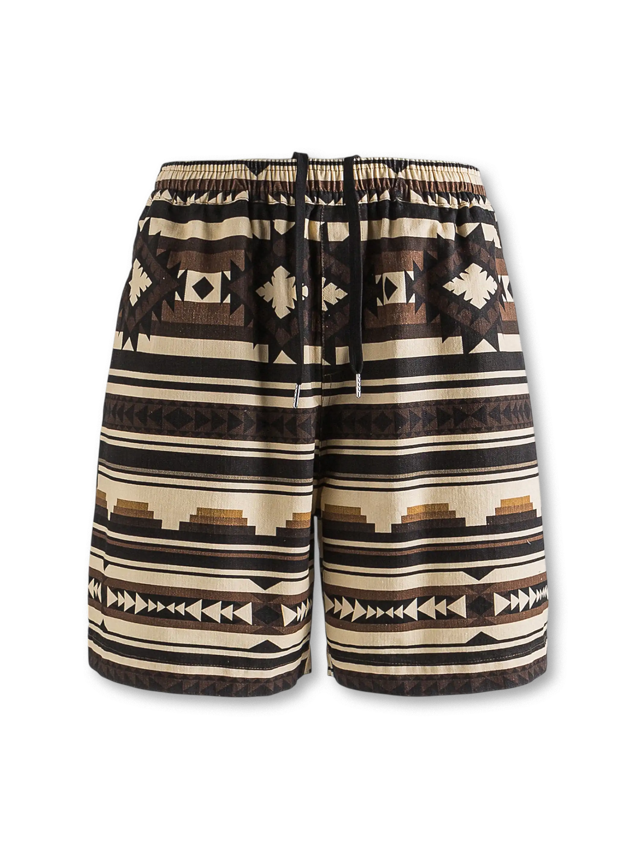 ナバホ族の幾何学柄をプリントし、通気性とリラックスした着心地が特徴のコットンショーツ。