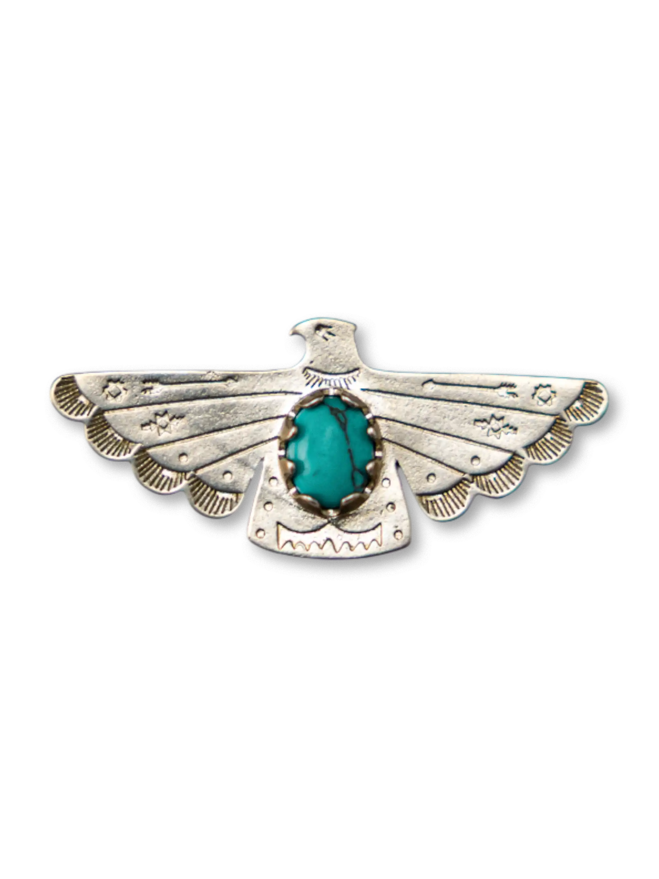 ナバホ族の戦鷲モチーフと天然ターコイズが映えるヴィンテージ加工済み白銅ペンダント