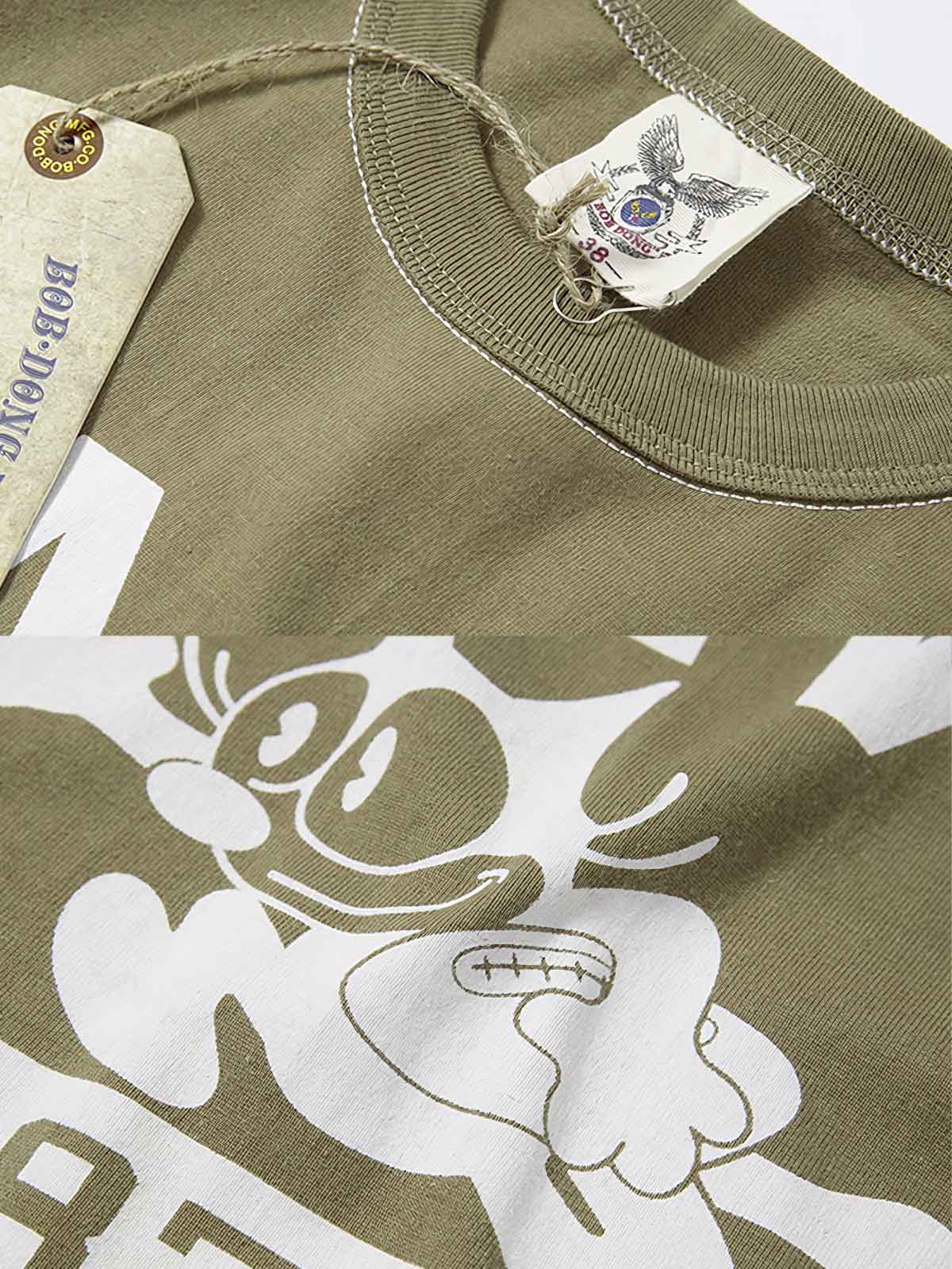 Tシャツのフィリックス・ザ・キャット(Felix the Cat)プリントとNAVY 87A FOOTBALLの文字の特写画像