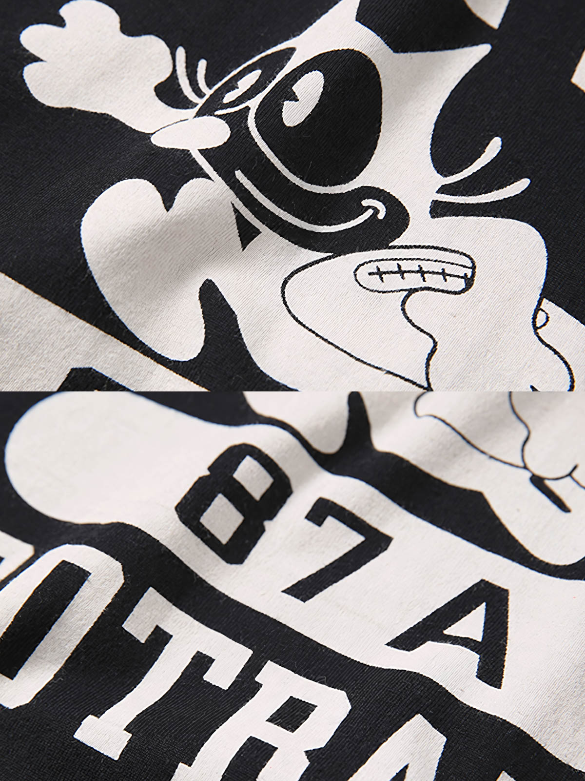 Tシャツのフィリックス・ザ・キャット(Felix the Cat)プリントとNAVY 87A FOOTBALLの文字の特写画像